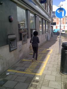 Privacy markings around cashpoints at the Royal Standard: unsightly but effective at cutting crime